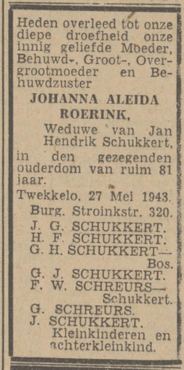 Burgemeester Stroinkstraat 320 Wed. J.A. Roerink-Schukkert overlijdensadvertentie Twentsch nieuwsblad 28-5-1943.jpg