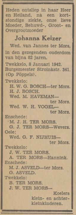 Burgemeester Stroinkstraat 341 Wed J. ter Mors-Keizer overlijdensadvertentie Tubantia 9-1-1942.jpg