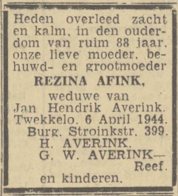Burgemeester Stroinkstraat 399 Wed. R. Averink-Afink overlijdensadvertentie Twentsch nieuwsblad 8-4-1944.jpg