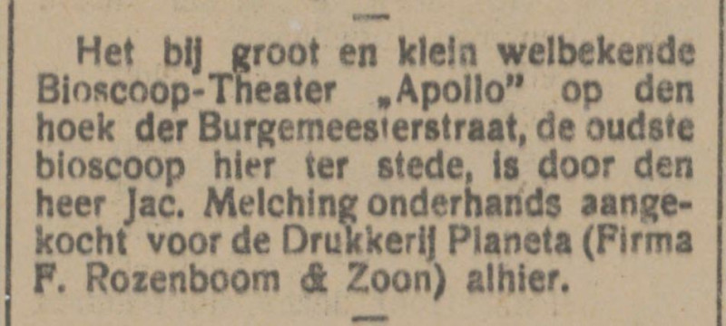 Burgemeesterstraat 17-19 Bioscoop Apollo Drukkerij Planete Foa. Rozenboomkrantenbericht Tubantia 29-5-1915.jpg