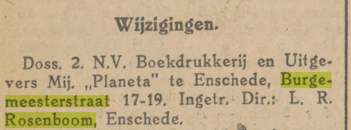 Burgemeesterstraat 17-19 Boekdrukkerij en Uigevers Nij Planeta directeur L.R. Rosenboom krantenbericht Tubantia 9-10-1929.jpg