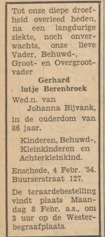 Buurserstraat 127 Gerhard Lutje Berenbroek overlijdensadvertentie Tubantia 6-2-1954.jpg