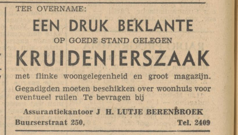 Buurserstraat 250 Assurantiekantoor J.H. Lutje Berenbroek advertentie Tubantia 28-6-1942.jpg