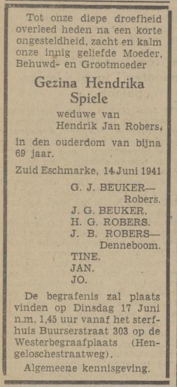 Buurserstraat 303 Wed. G.H. Robers-Spiele overlijdensadvertentie Tubantia 14-6-1961.jpg