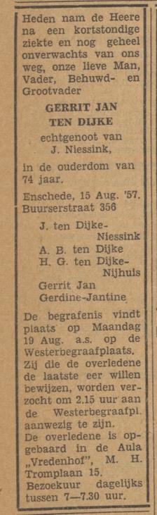 Buurserstraat 356 G.J. ten Dijke overlijdensadvertentie Tubantia 16-8-1957.jpg