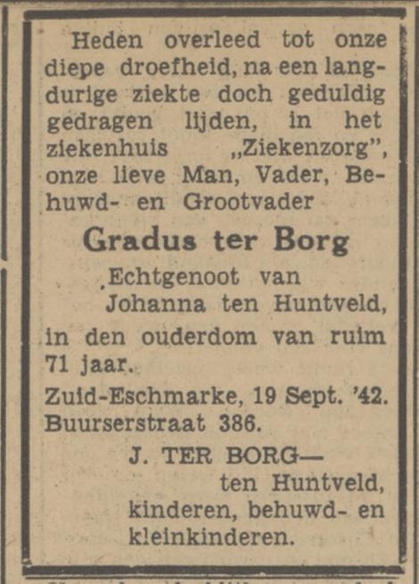 Buurserstraat 386 Gradus ter Borg overlijdensadvertentie Tubantia 21-9-1942.jpg
