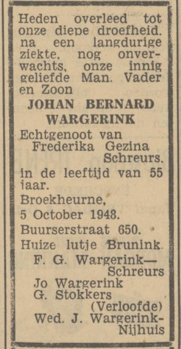 Buurserstraat 650 Broekheurne J.B. Wargerink overlijdensadvertentie Tubantia 6-10-1948.jpg