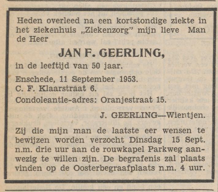 C.F. Klaarstraat 6 J.F. Geerling overlijdensadvertentie Tubantia 14-9-1953.jpg