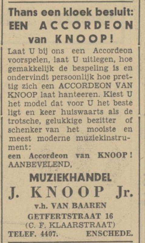 C.F. Klaarstraat 16 v.h. Getfertstraat 16 Muziekhandel J. Knoop Jr. advertentie Tubantia 2-12-1936.jpg