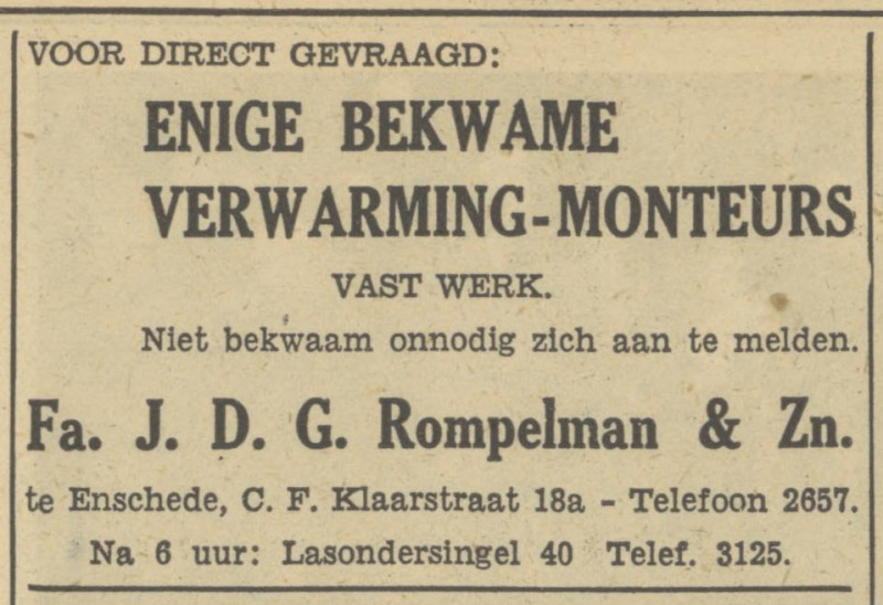 C.F. Klaarstraat 18a Fa. J.D.G. Rompelman & Zn. advertentie Tubantia 11-1-1950.jpg