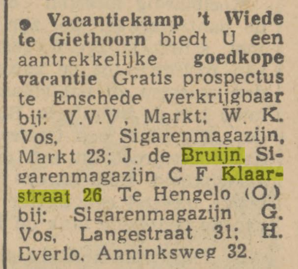 C.F. Klaarstraat 26 sigarenmagazijn J. de Bruijn advertentie Tubantia 14-4-1951.jpg