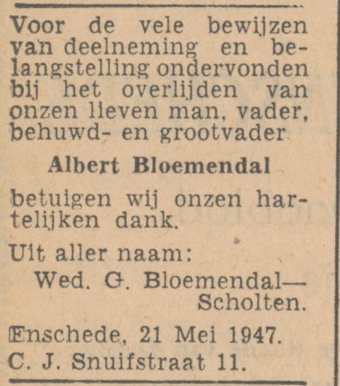 C.J. Snuifstraat 11 Albert Bloemendal advertentie Tubantia 21-5-1947.jpg