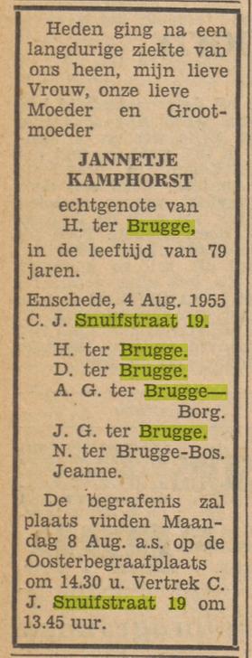 C.J. Snuifstraat 19 J. ter Brugge-Kamphorst overlijdensadvertentie Tubantia 5-8-1955.jpg
