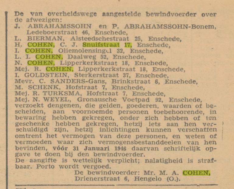 C.J. Snuifstraat 17 H. Cohen C.J. Snuifstraat 17 advertentie Twentsche Courant 19-12-1945.jpg