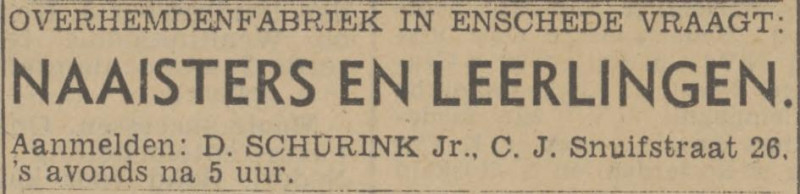 C.J. Snuifstraat 26 D, Schurink overhemdenfabriek advertentie Twentsch nieuwsblad 21-1-1943.jpg