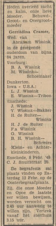 C.J. Snuifstraat 20 Wed. G. Wissink-Cramer overlijdensadvertentie Tubantia 9-2-1949.jpg