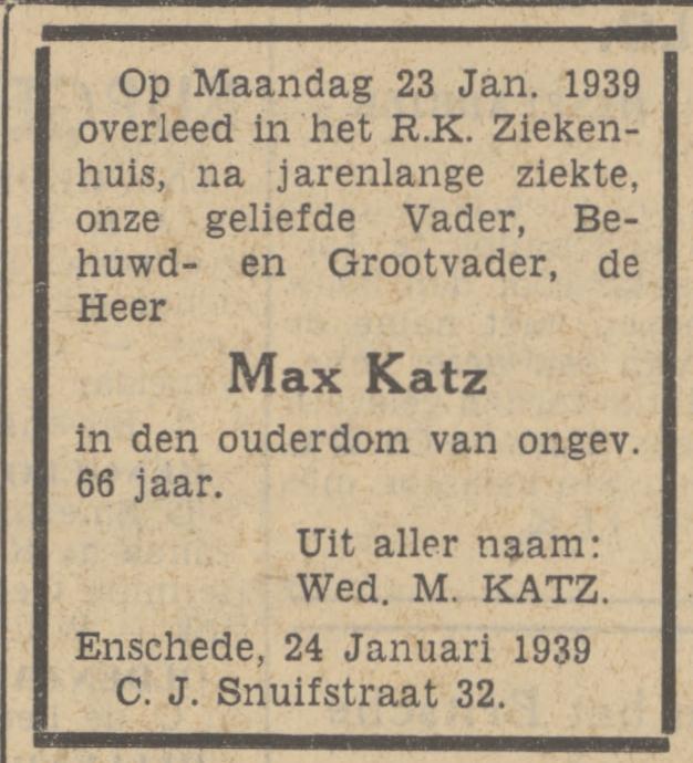 C.J. Snuifstraat 32 Max Katz overlijdensadvertentie Tubantia 24-1-1939.jpg