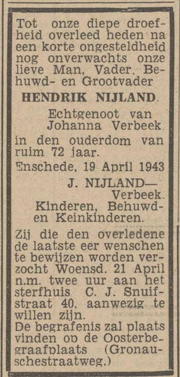 C.J. Snuifstraat 40 Hendrik Nijland overlijdensadvertentie Twentsch nieuwsblad 20-4-1943.jpg