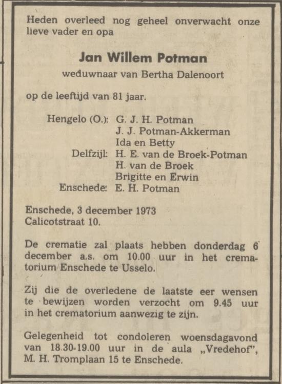 Calicotstraat 10 J.W. Potman overlijdensadvertentie 4-12-1973.jpg