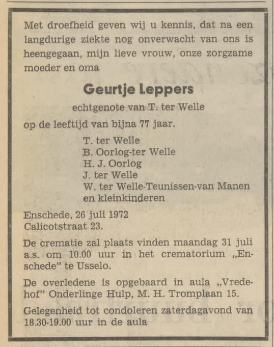 Calicotstraat 23 G. ter Welle -Leppers overlijdenadvertentie Tiubantia 27-7-1972.jpg