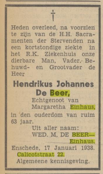 Calicotstraat 22 Wed. M. de Beer-Einhaus advertentie Tubantia.jpg