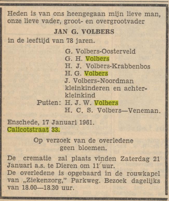 Calicotstraat 33 J.G. Volbers overlijdens advertentie Tubantia 18-1-1961.jpg