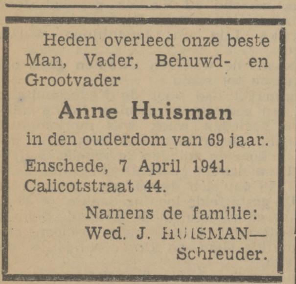 Calicotstraat 44 Anne Huisman overlijdensadvertentie Tubantia 8-4-1941.jpg