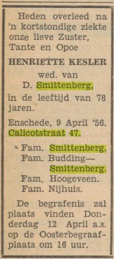 Calicotstraat 47 H. Kesler-Smittenberg overlijdensadvertentie Tubantia 10-4-1956.jpg