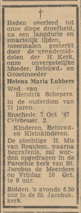 Celebesstraat 2 Wed. H.M. Schepers-Lubbers overlijdensadvertentie Tubantia 8-10-1947.jpg