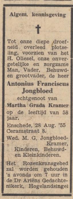 Ceramstraat 8 A.F.J. Jongbloed overlijdensadvertentie Twentsche Courant 29-8-1955.jpg