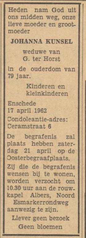 Ceremastraat 6 Wed. J. ter Horst-Kunsel overlijdensadvertentie Tubantia 8-4-1962.jpg