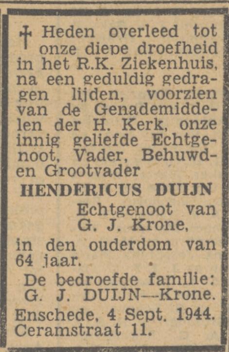 Ceramstraat 11 Hendericus Duijn overlijdensadvertentie Twentsch nieuwsblad 6-9-1944.jpg