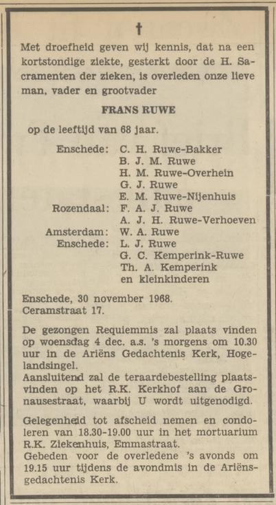 Ceramstraat 17 Frans Ruwe overlijdensadvertentie Tubantia 2-12-1968.jpg