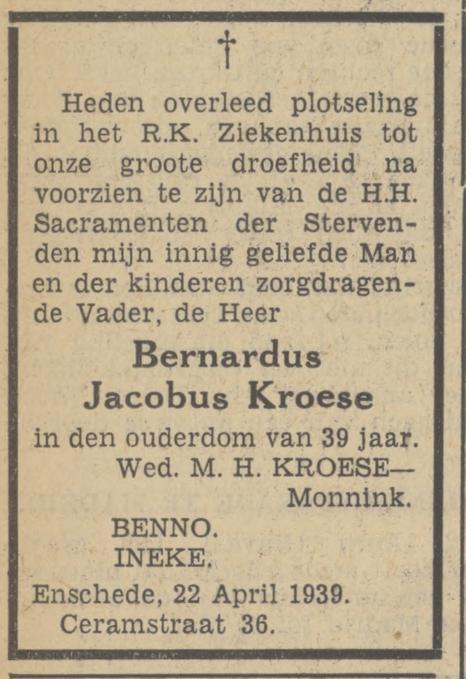Ceramstraat 36 B.J. Kroese overlijdensadvertentie Tubantia 22-4-1939.jpg