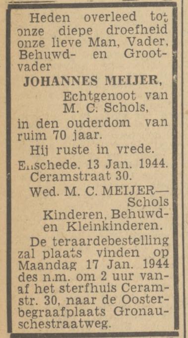 Ceramstraat 30 Johannes Meijer overlijdensadvertentie Twentsch nieuwsblad 14-1-1944.jpg