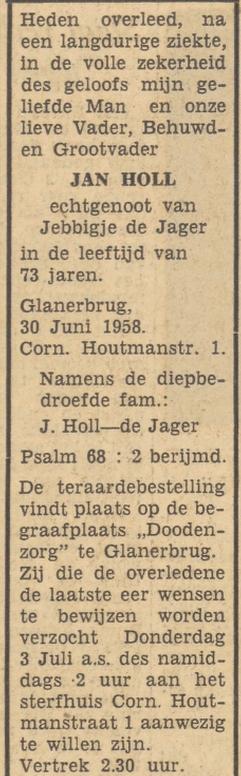 Cornelis Houtmanstraat 1 Glanerbrug Jan Holl overlijdensadvertentie Tubantia 30-6-1958.jpg