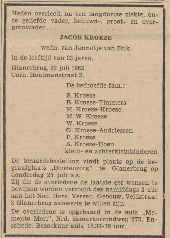 Cornelis Houtmanstraat 2 Glanerbrug Jacob Kroeze overlijdensadvertentie Tubantia 23-7-1963.jpg