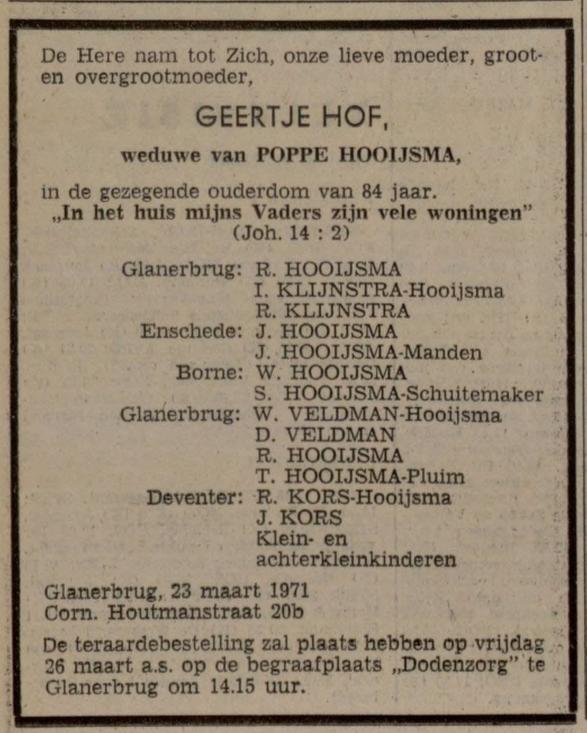 Cornelis Houtmanstraat 20b Geertje Hooijsma-Hof overlijdensadvertentieGereformeerd gezinsblad 20-3-1971.jpg