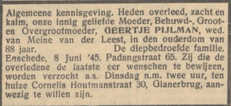 Cornelis Houtmanstraat 30 Wed. G. van der Leest-Pijlman overlijdensadvertentie Het Parool 11-6-1945.jpg