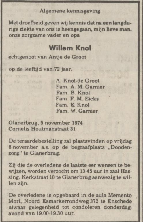 Cornelis Houtmanstraat 31 Willem Knol overlijdensadvertentie Tubantia 6-11-1974.jpg