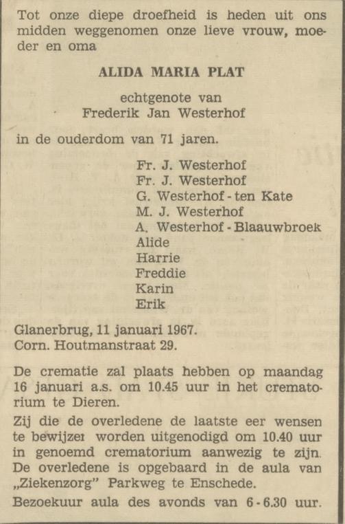 Cornelis Houtmanstraat 29 A.M. Westerhof-Plat overlijdensadvertentie Tubantia 12-1-1967.jpg