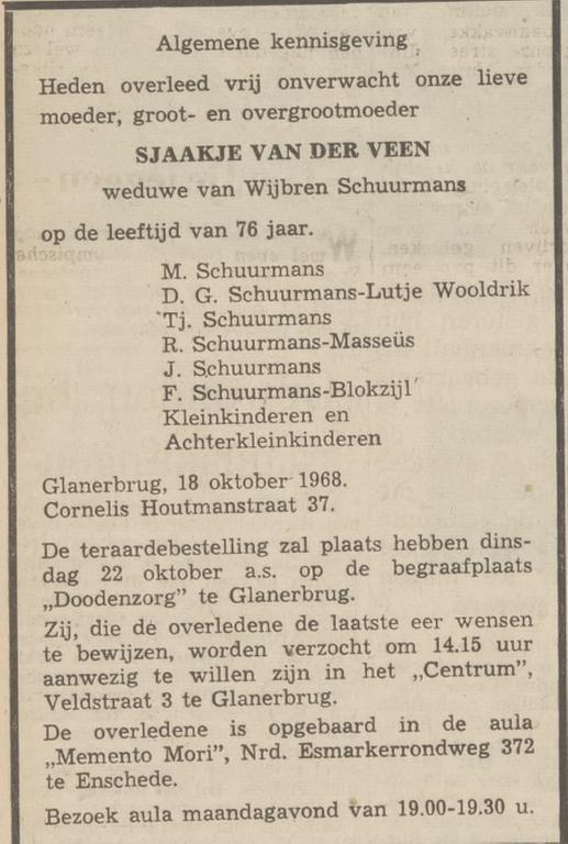 Cornelis Houtmanstraat 37 S. Schuurmans-van der Veen overlijdensadvertentie Tubantia 19-10-1968.jpg