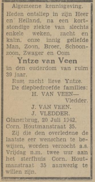 Cornelis Houtmanstraat 35 Yntze van Veen overlijdensadvertentie Tubantia 22-7-1942.jpg