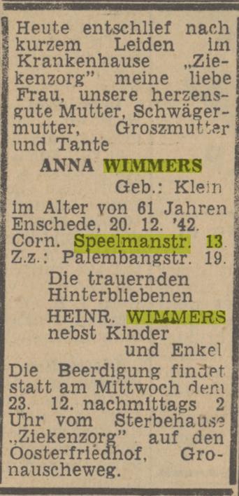 Cornelis Speelmanstraat 13 Anna Wimmers overlijdensadvertentie Twentsch nieuwsblad 22-12-1942.jpg
