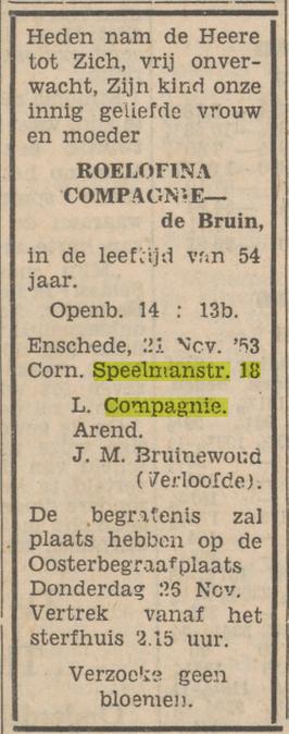 Cornelis Speelmanstraat 18 Roelofina Compagnie-de Bruin overlijdensadvertentie Tubantia 12-11-1953.jpg