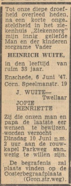 Cornelis Speelmanstraat 19 Heinrich Wuite overlijdensadvertentie Tubantia 7-6-1947.jpg