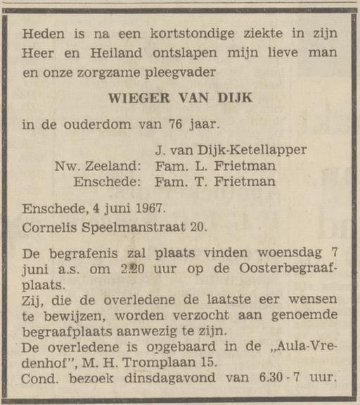 Cornelis Speelmanstraat 20 Wieger van Dijk overlijdensadvertentie Tubantia 5-6-1967.jpg