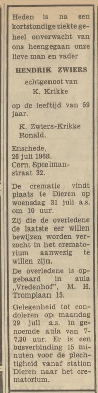 Cornelis Speelmanstraat 32 Hendrik Zwiers overlijdensadvertentie Tubantia 27-7-1968.jpg