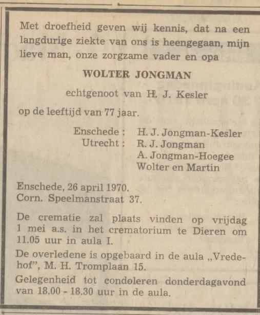 Cornelis Speelmanstraat 37 Wolter Jongman overlijdensadvertentie Tubantia 28-4-1970.jpg