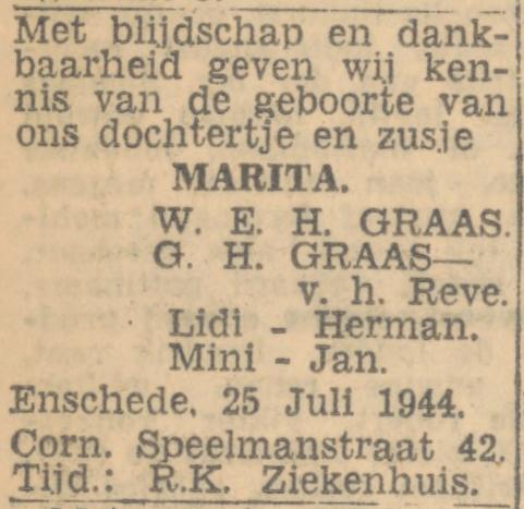 Cornelis Speelmanstraat 42 W.E.H. Graas advertentie Twentsch nieuwsblad 27-7-1944.jpg